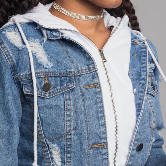 American Bazi cropped Jean Jacket with Sweatshirt trim and Hoodie - M - Picture 6 of 7